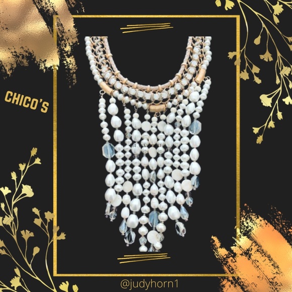 CHICO'S Statement Necklace Goldtone, Rhinestones and Faux Pearls - Picture 1 of 9